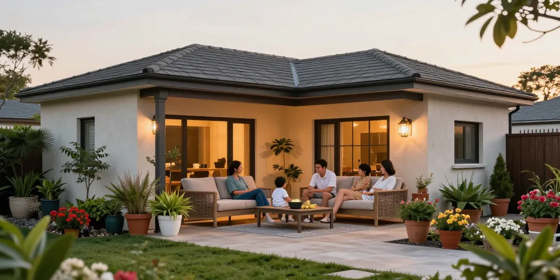 Freistehende Terrassenüberdachung in einem einladenden Garten mit Familie und Pflanzen.