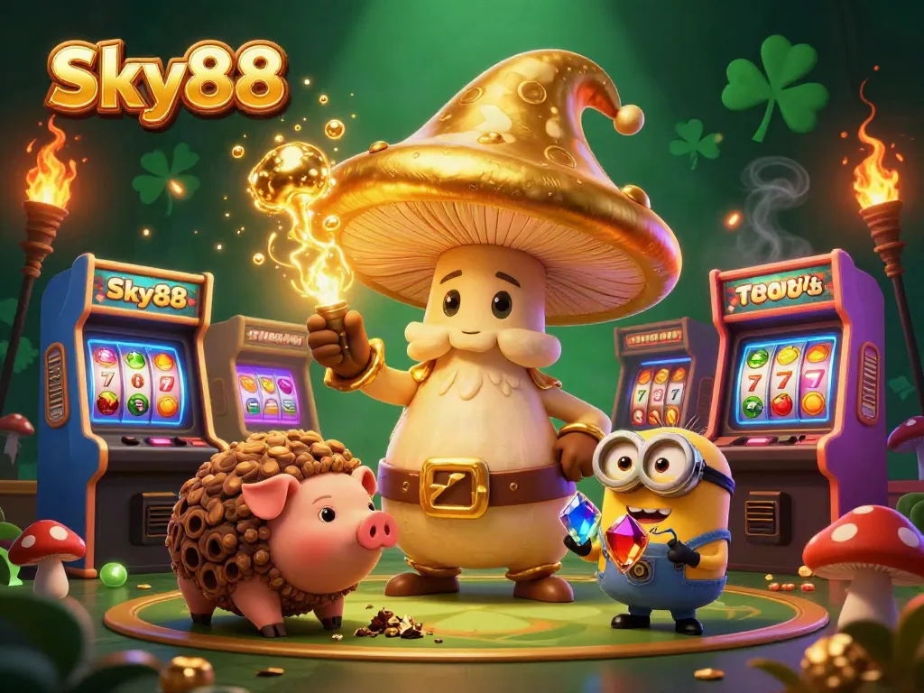 Experience Sky88 thrills with vibrant casino games featuring the golden mushroom wizard and treasure pig!