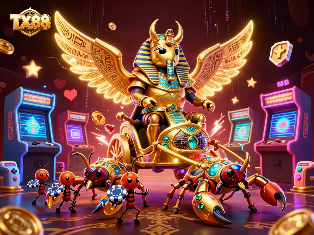 Experience thrilling casino gameplay with TX88's vibrant 3D illustration of majestic characters and gaming elements.