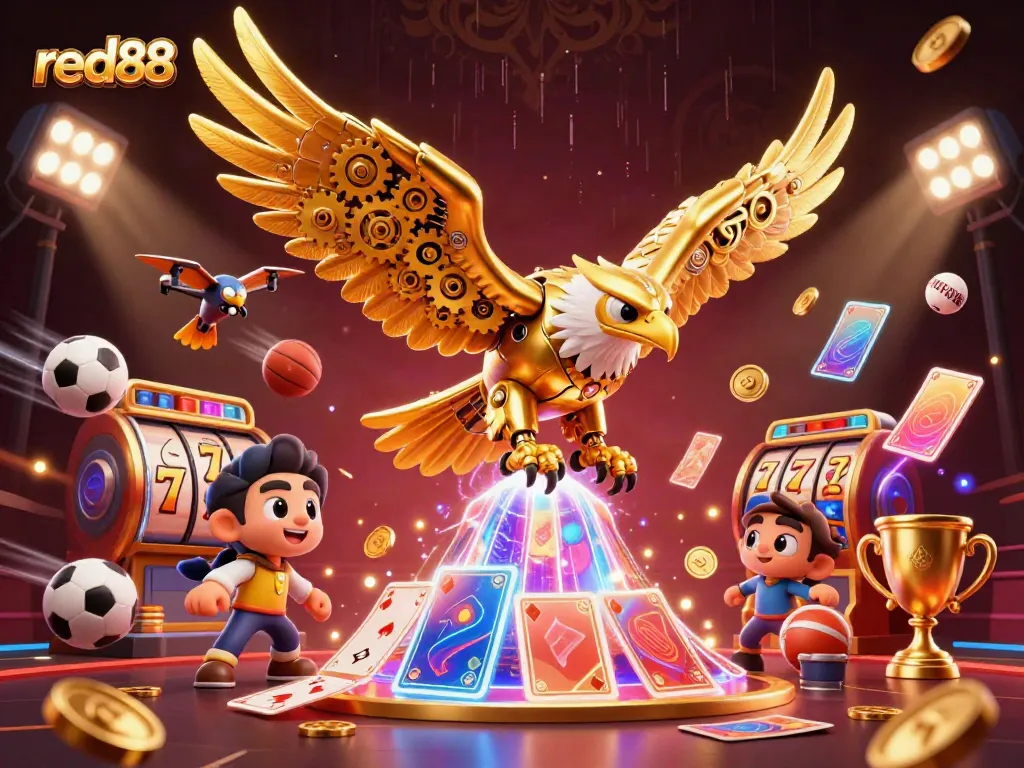 Experience thrilling gameplay at red88 with a vibrant scene of a flying cybernetic eagle amidst holographic cards.