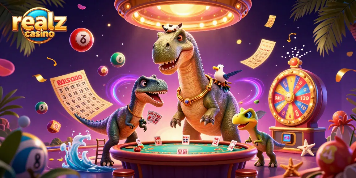 Realz casino features an imaginative 3D scene with a playful brontosaurus and clever raptor in a vibrant gaming atmosphere.