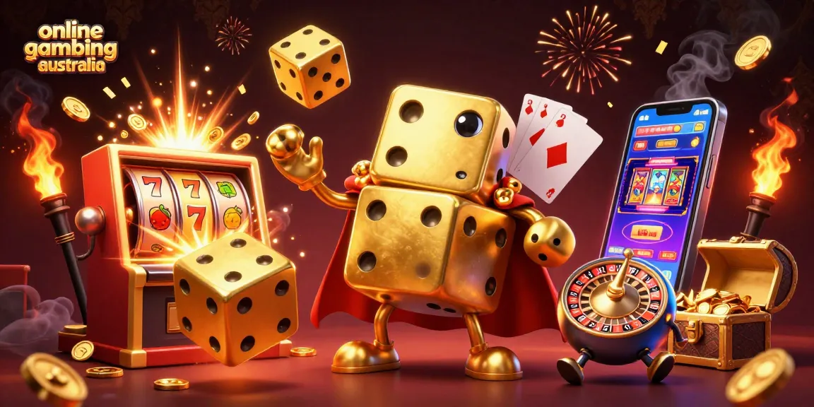 Engaging scene capturing online gambling australia with a golden dice golem amidst a jackpot explosion and vibrant casino elements.