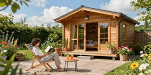 Garten Haus mit einladendem Patio, umgeben von Blumen und Pflanzen, perfekte Gartenatmosphäre.
