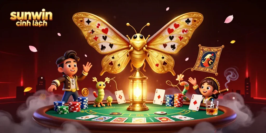 Engage with sunwin chính hãng as golden moths illuminate a dynamic casino scene filled with poker excitement.